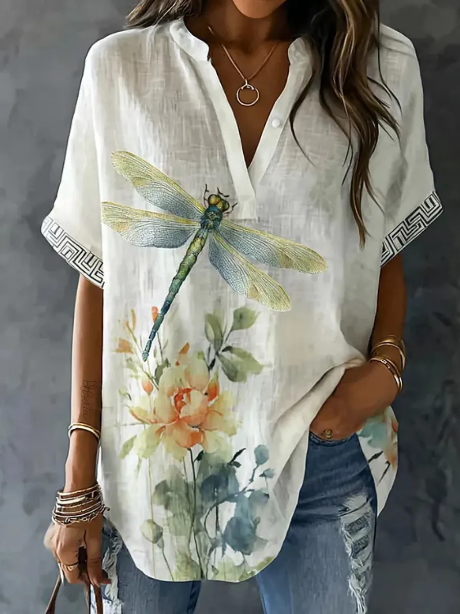 Women's Floral and Dragonfly Watercolor Print Casual Linen V-neck Shirt