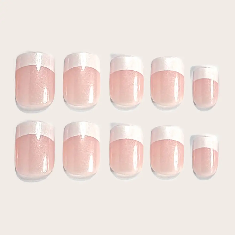 Nailhour 24Pcs French Medium Square Pink Glitter Press On Nails