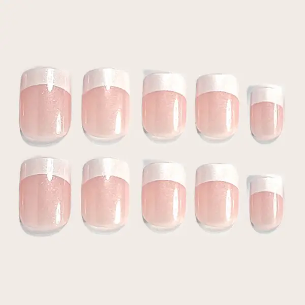 Nailhour 24Pcs French Medium Square Pink Glitter Press On Nails