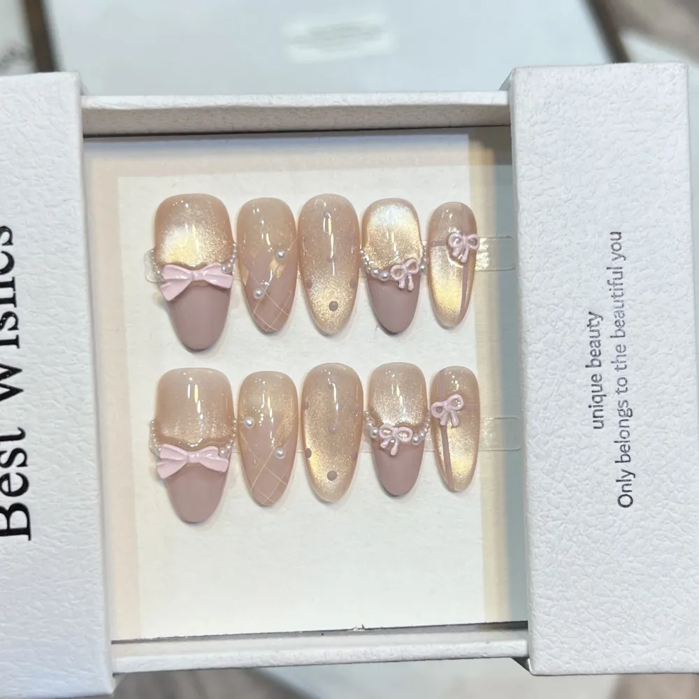 Nailhour 10Pcs French Cat Eye 3D Bow Purple Medium Almond Press On Nails