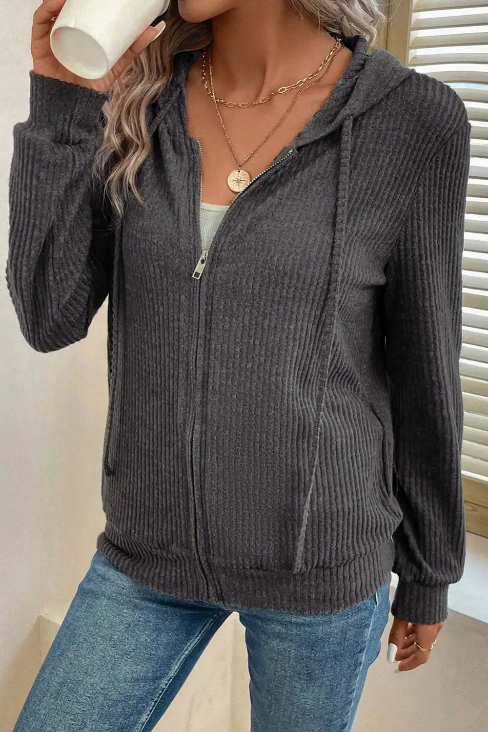 Modern Ribbed Zip Up Front Drawstring Hoodie