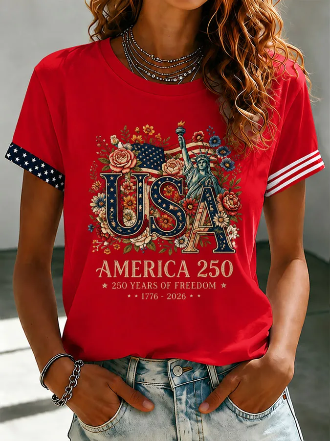 Women's  Floral America 250 Years of Freedom Printed Casual T-shirt