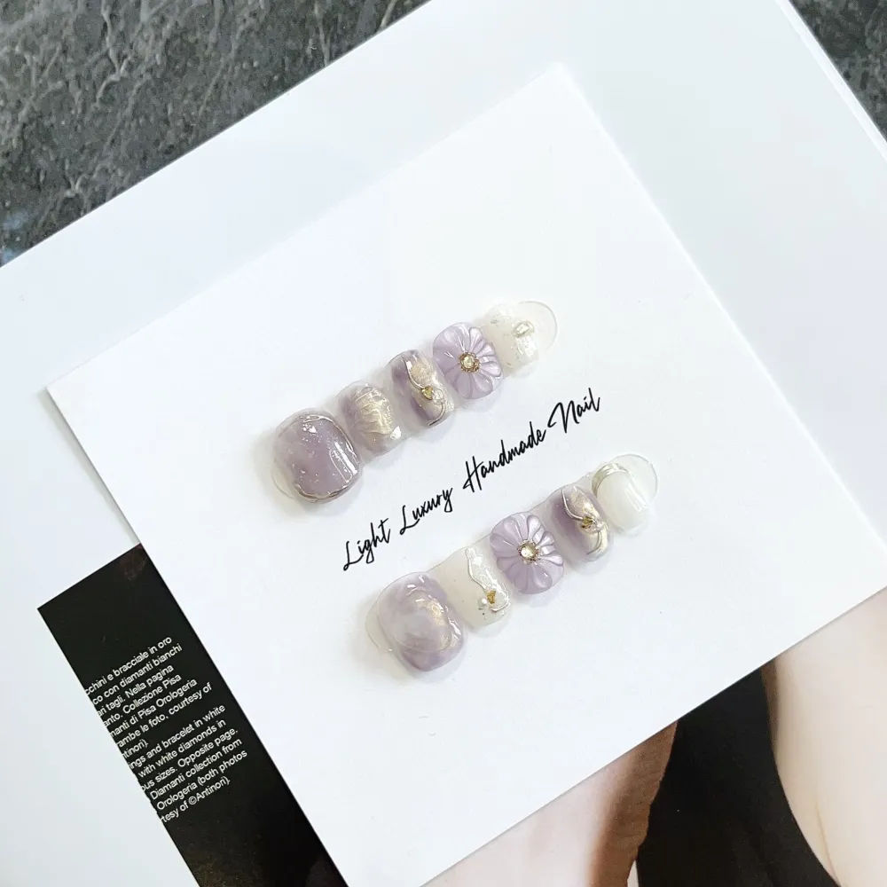 Nailhour 10Pcs Purple Cat Eye Gilded Short Squoval Press On Nails