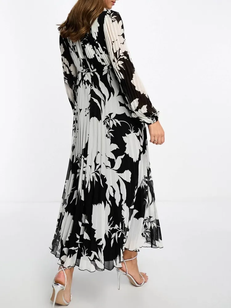 Pleated V-Neck Maxi Dress
