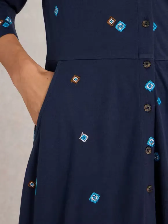 Embroidered Jersey Dress In Navy Print