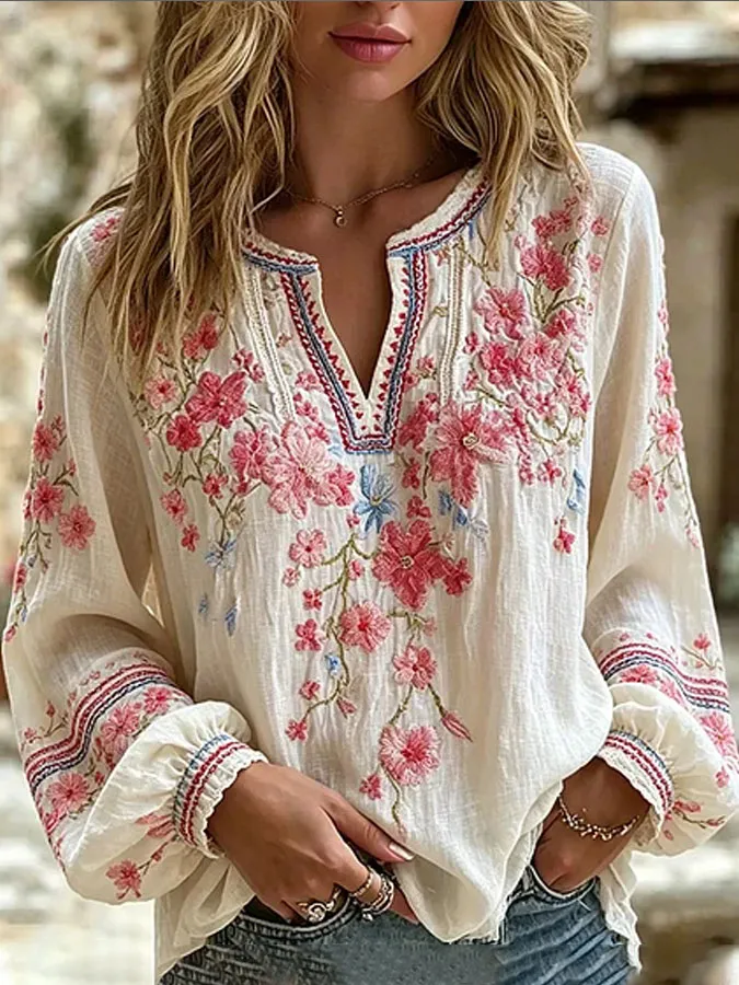 Women'S Floral Printed Casual Cotton And Linen Top