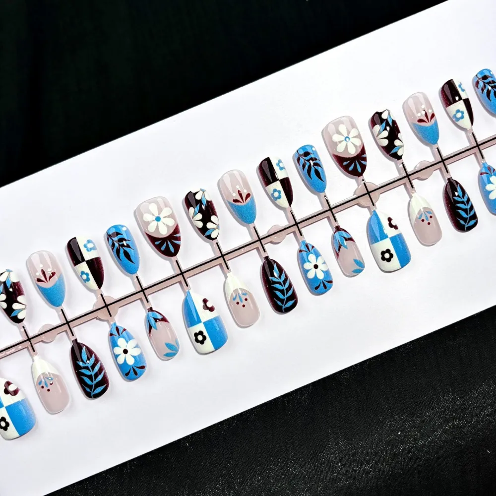Nailhour 30Pcs Blue Floral Medium Almond Press On Nails