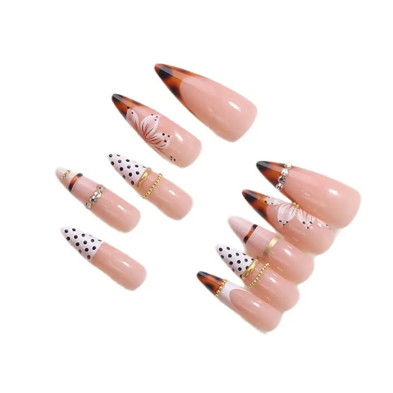 Nailhour 24Pcs French Long Almond Modern Amber Press On Nails