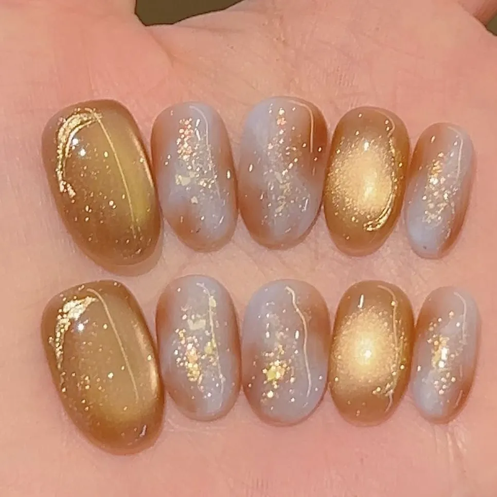 Nailhour 10Pcs French Cat Eye Multicolor Medium Oval Press On Nails