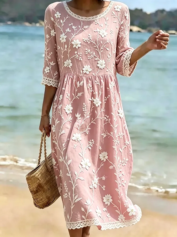 Women's casual floral printed cotton and linen dress