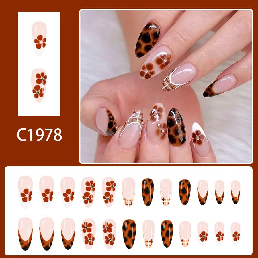 Nailhour 24Pcs Leopard Print Medium Almond French Press On Nails