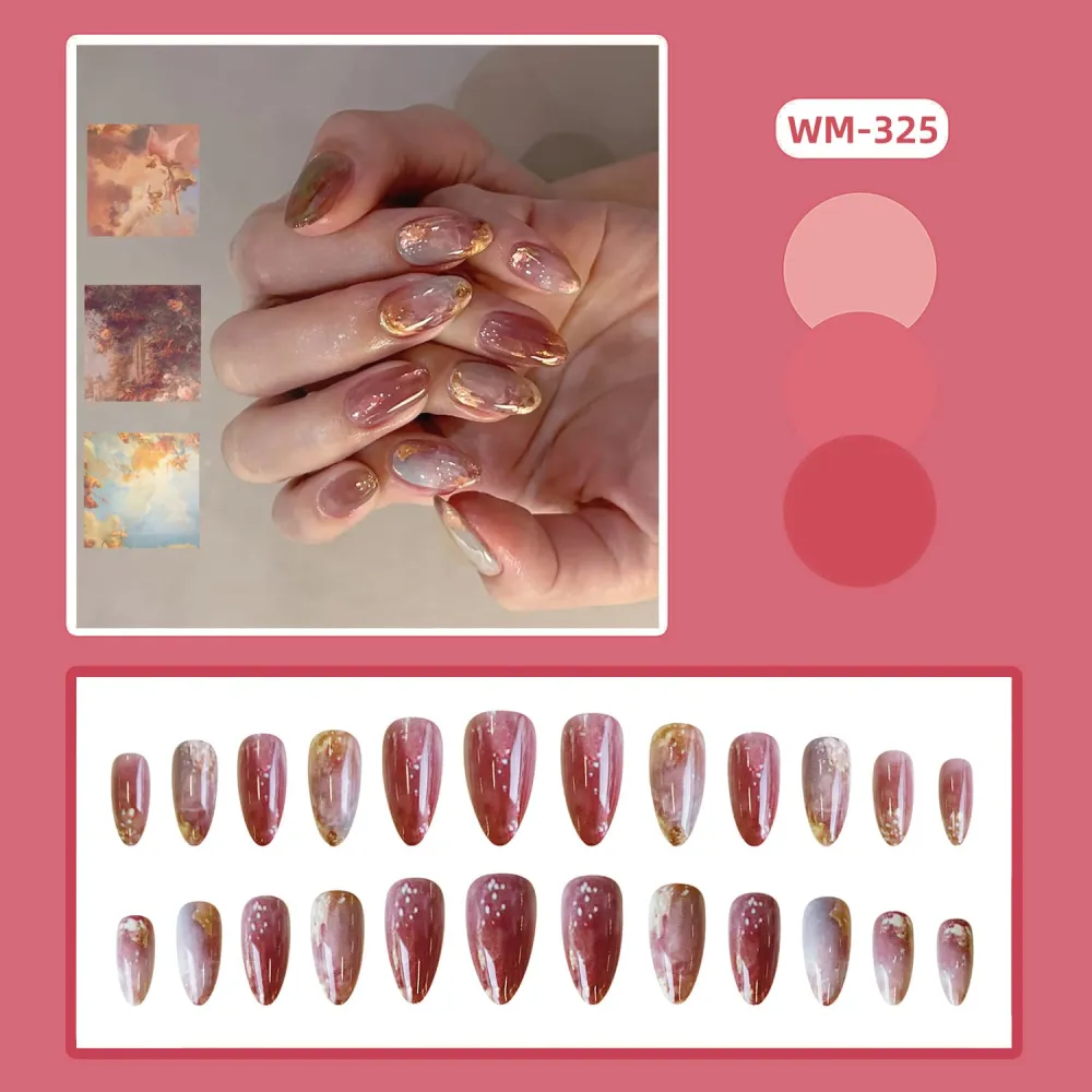 Nailhour 24Pcs Ombre Multicolor Medium Almond French Press On Nails