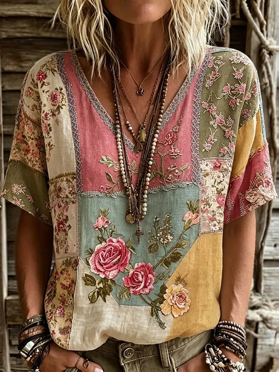 Women's Vintage Bohemian Patchwork Floral Art Linen Blend Shirt