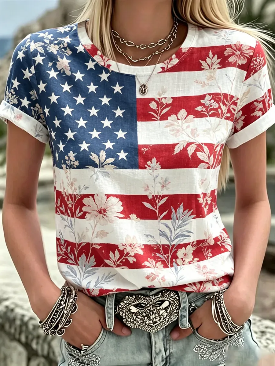 Women's Independence Day printed cotton and linen round neck top