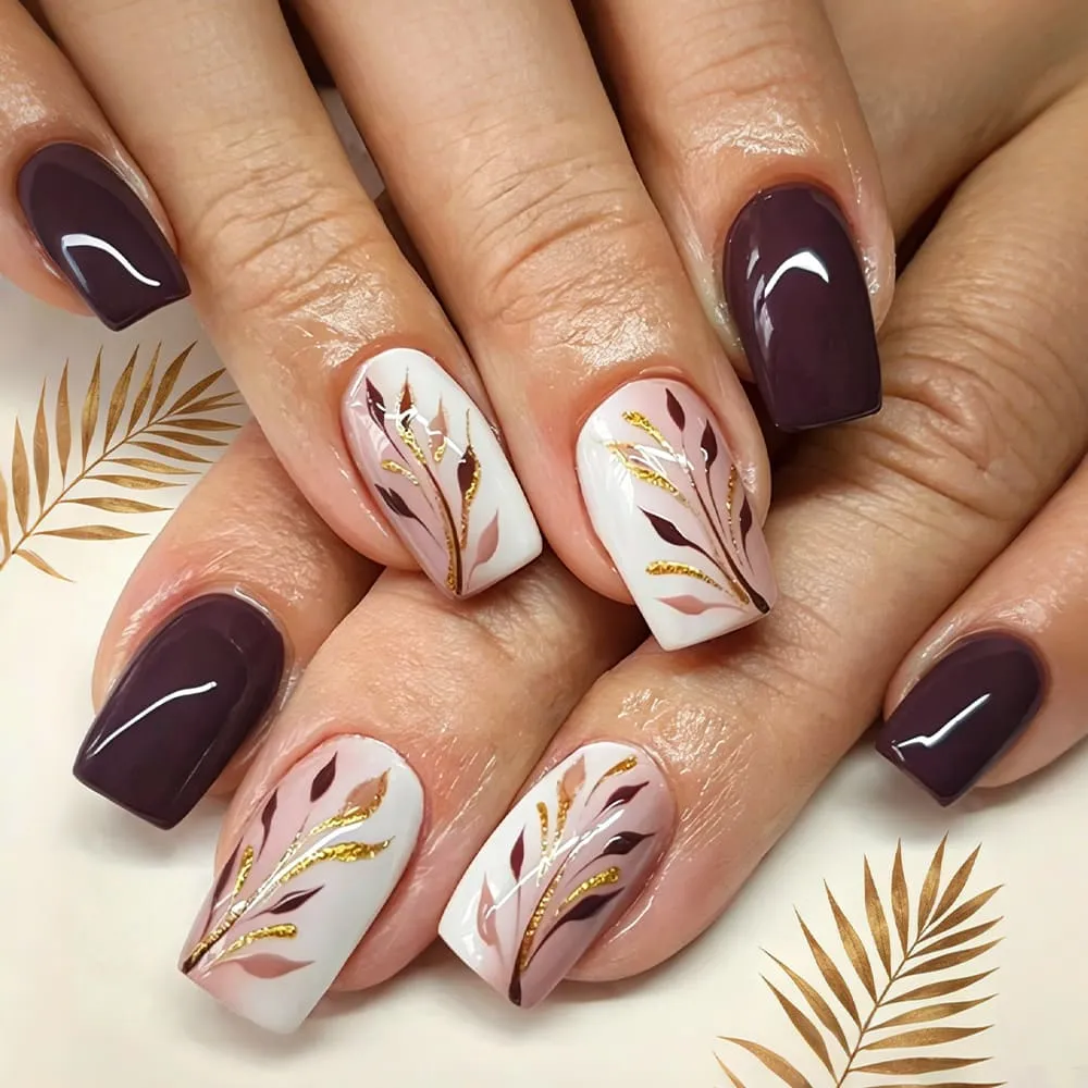 Nailhour 24Pcs Multicolor Autumn Floral Medium Square Press On Nails
