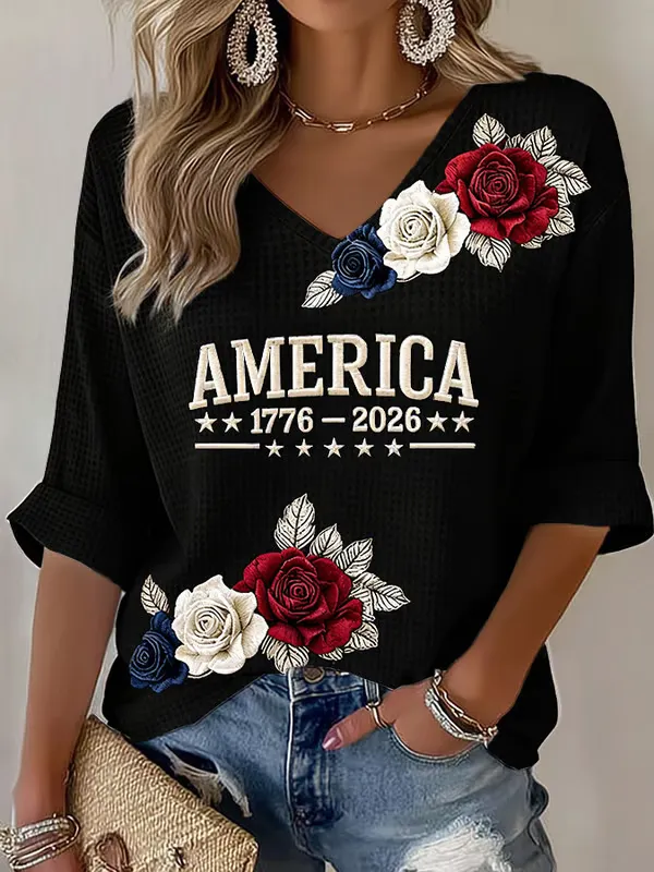 Ladies' American Flag Printed Casual Long Sleeve V-neck T-shirt