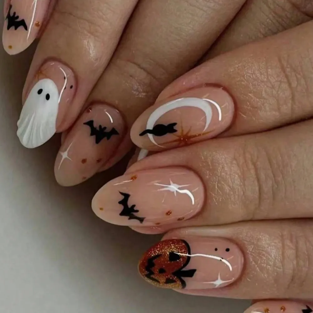 Nailhour 24Pcs Halloween Medium Almond Ghost Design  Press On Nails