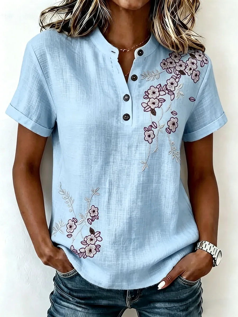 Women'S Short-Sleeved Cotton And Linen Casual Top
