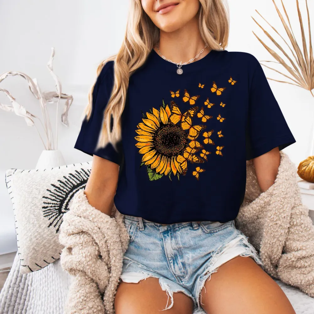 Sunflower And Butterfly Graphic T-Shirts