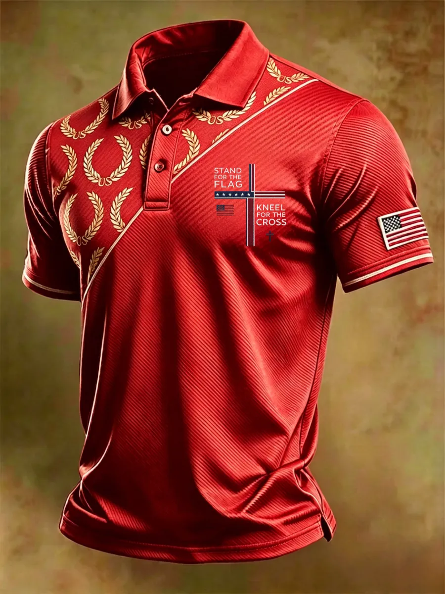 Men's American Flag Print Casual Polo Shirt