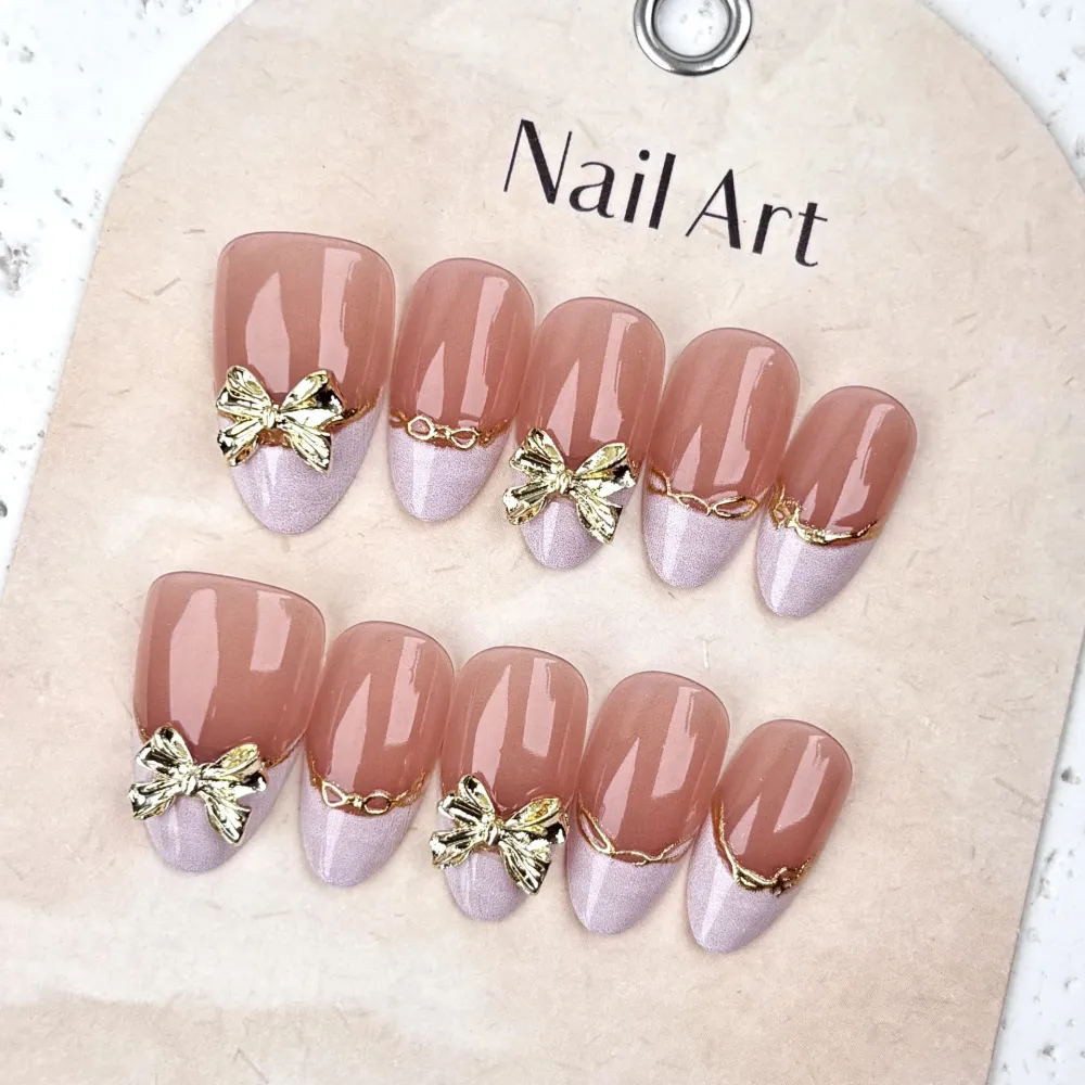 Nailhour 30Pcs Bow Gilded 3D Medium Almond French Press On Nails