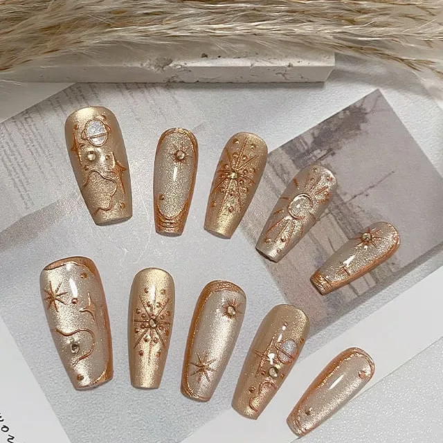 Nailhour 10Pcs Y2K Cat Eye Handmade Gilded Long Coffin Press On Nails