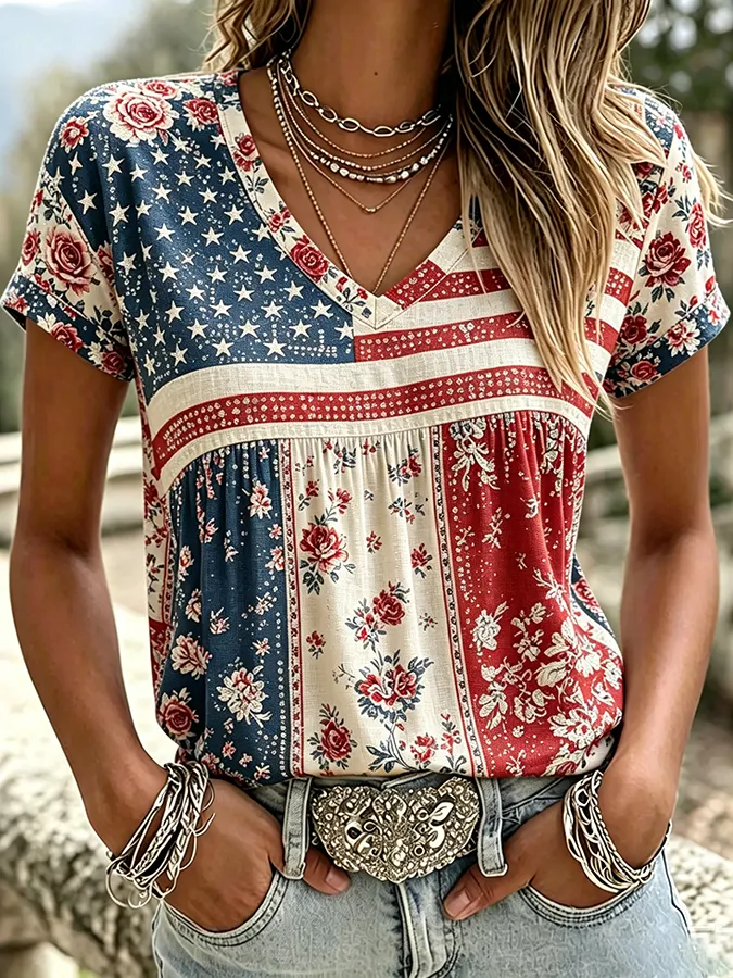 Women'S Patriotic Printed Cotton And Linen Top