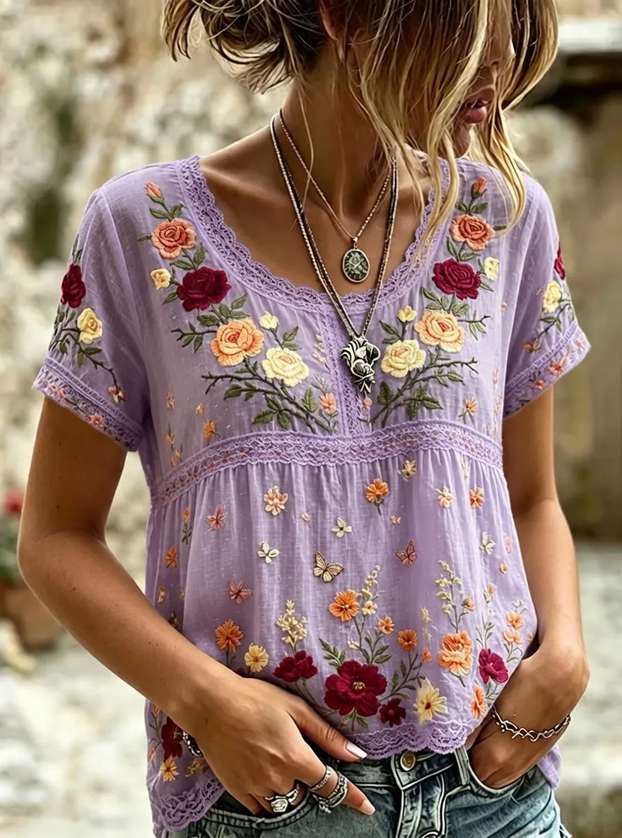 Women's Floral Boho Rose Butterfly Embroidered Printed T-shirt
