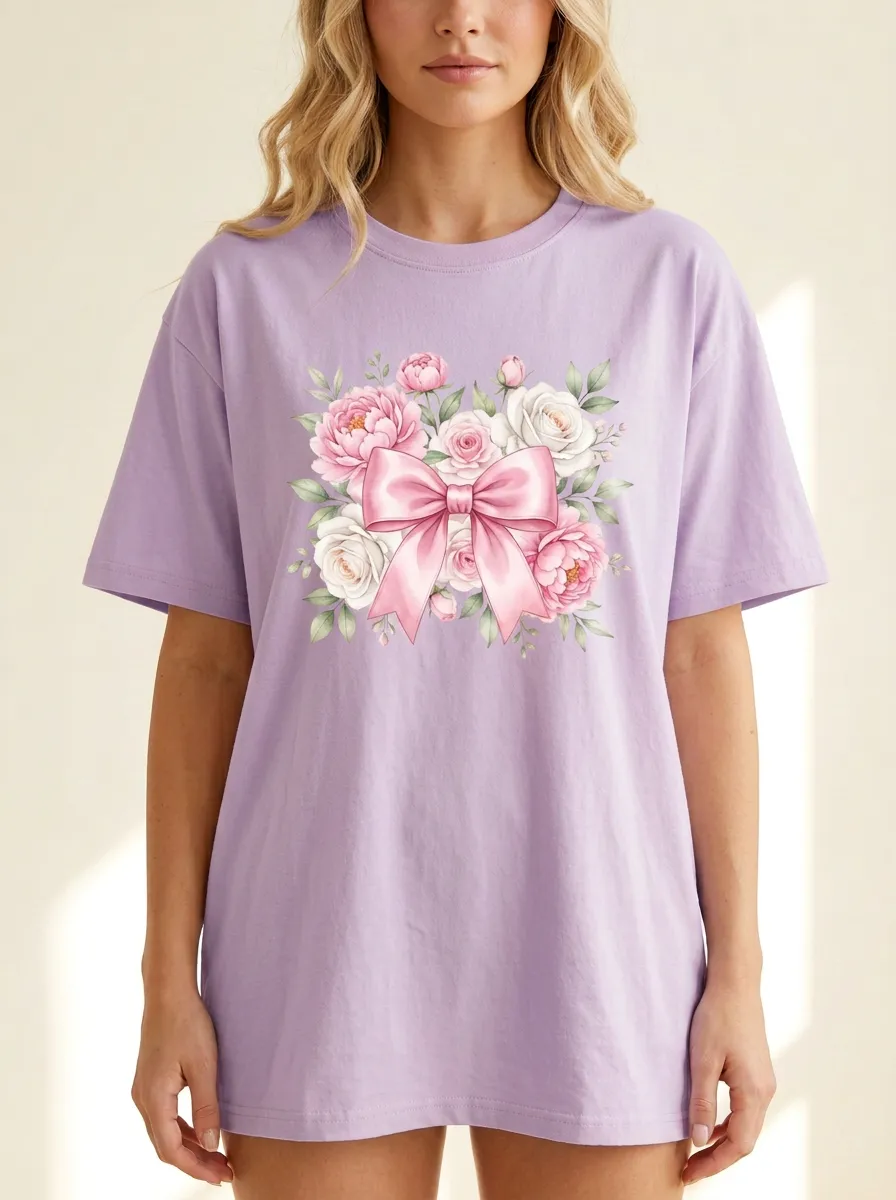 Women's Breast Cancer Awareness Pink Bow Floral Printed T-shirt