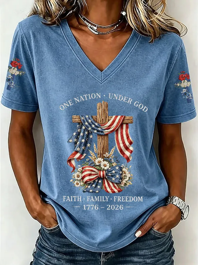 Women'S America Flag Floral Print Casual V-Neck T-Shirt