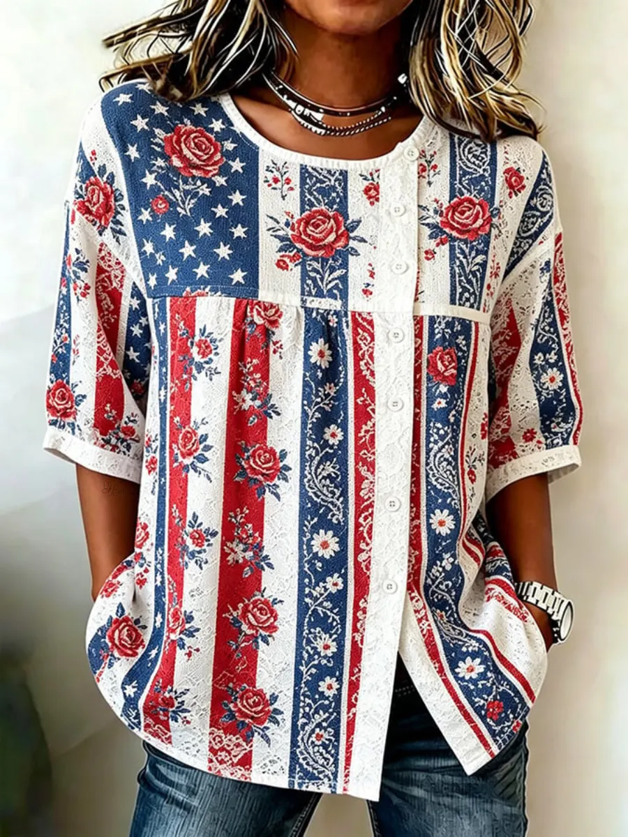 Women's Independence Day Flag & Floral Pattern Casual Tie-front Shirt