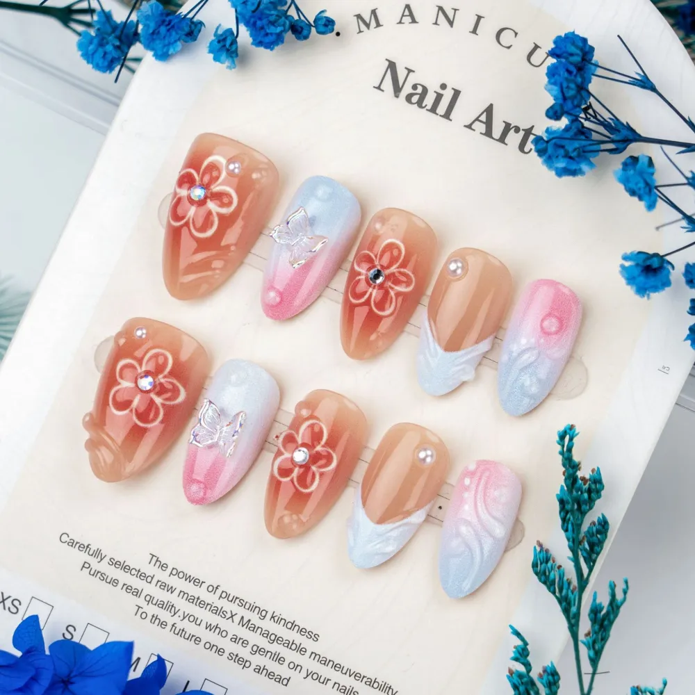 Nailhour 30Pcs Gradient 3D Medium Almond Rainbow French Press On Nails
