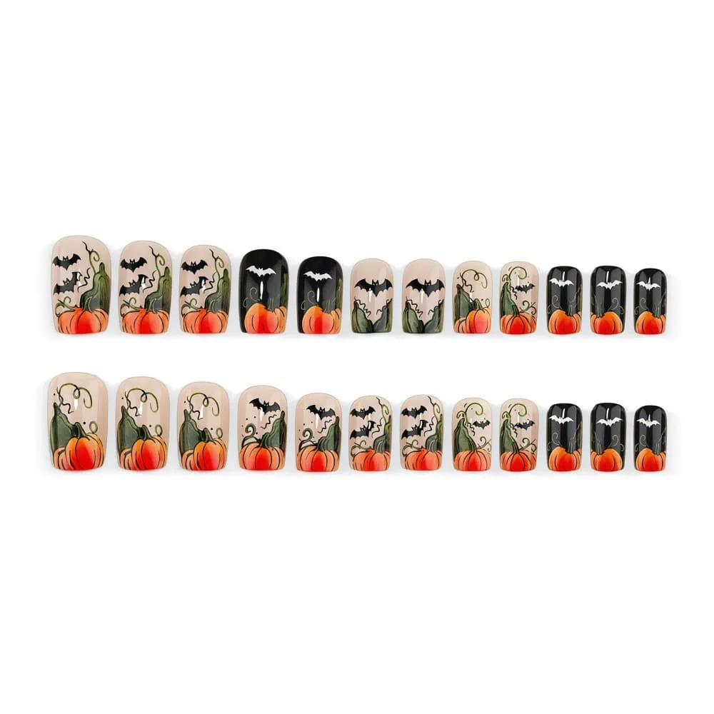 Nailhour 24Pcs Pumpkin Black and Orange Spider Halloween Short Square Press On Nails