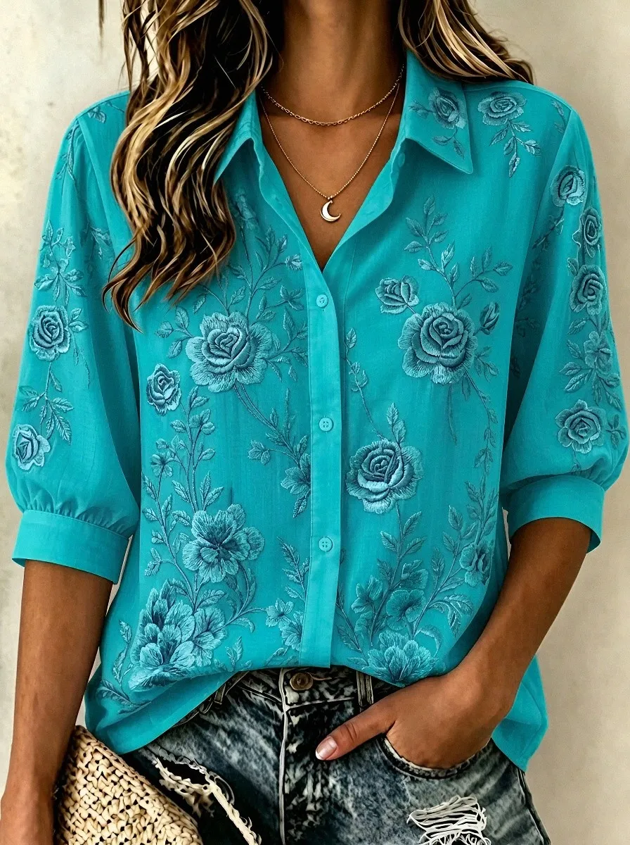 Women's Breast Cancer Awareness Pink Rose Floral Embroidered Button-Down Shirt