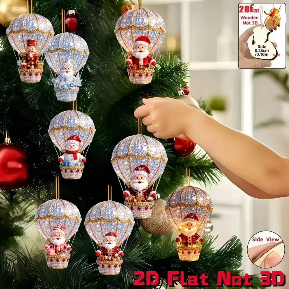 8/16pcs Wooden Christmas Ornaments: Hot Air Balloon Santa Claus Decorations