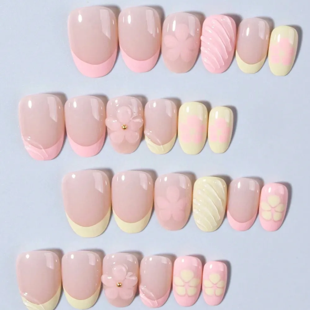 Nailhour 24Pcs 3D French Medium Almond Floral Press On Nails
