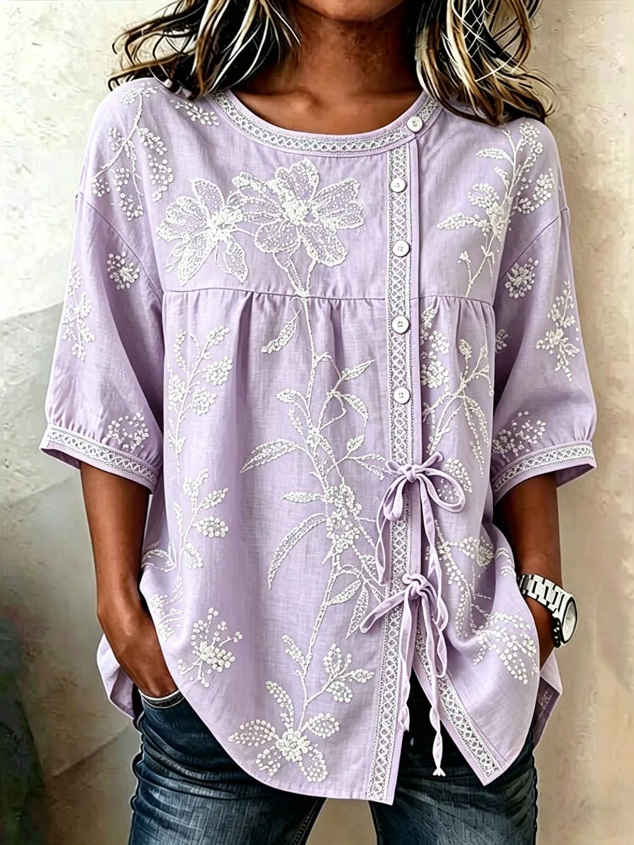 Women'S Casual Print Cotton Linen Top