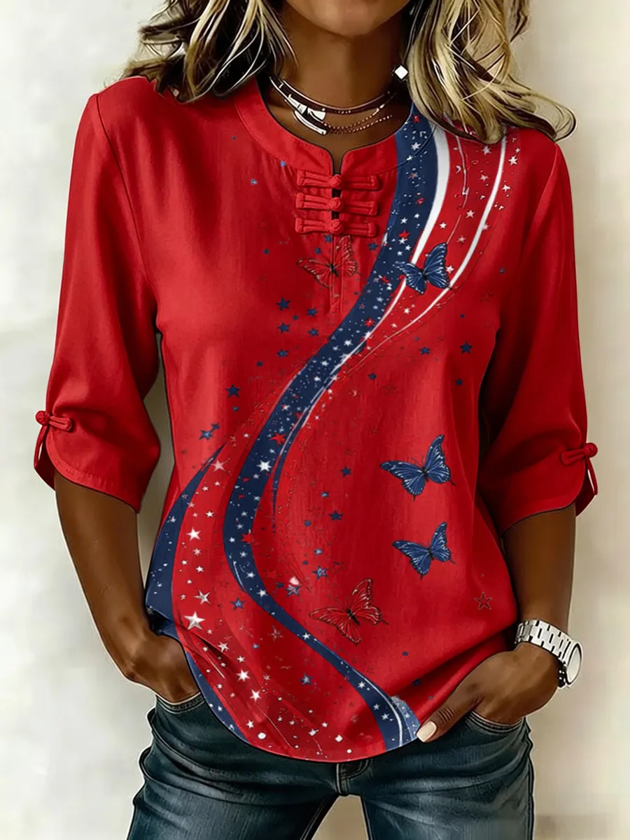 Women's Retro Flag Print Cotton Linen Top