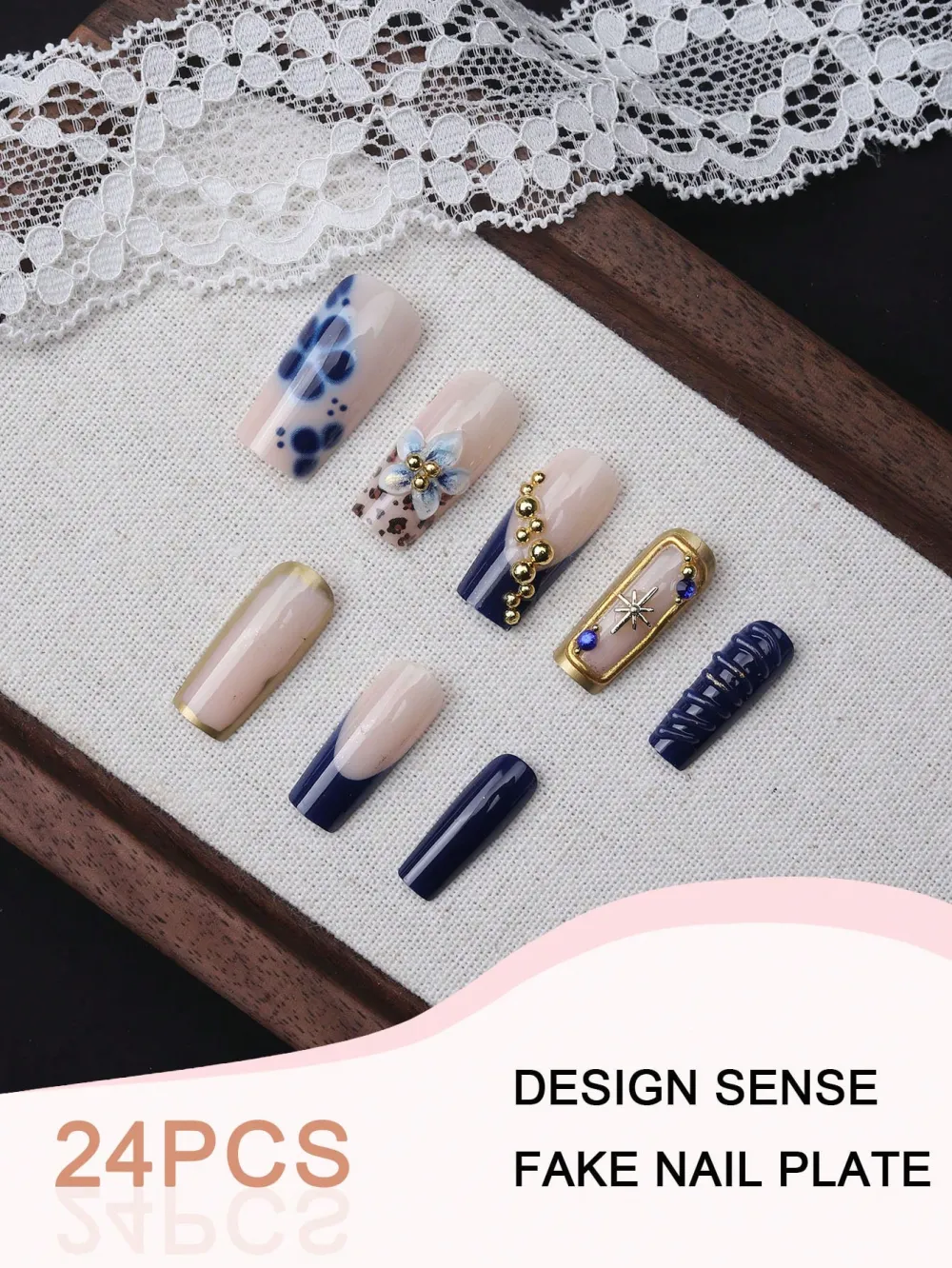 Nailhour 24pcs Coffin Shaped 3D Floral Petal & Golden Bead Accent Press-On Nails