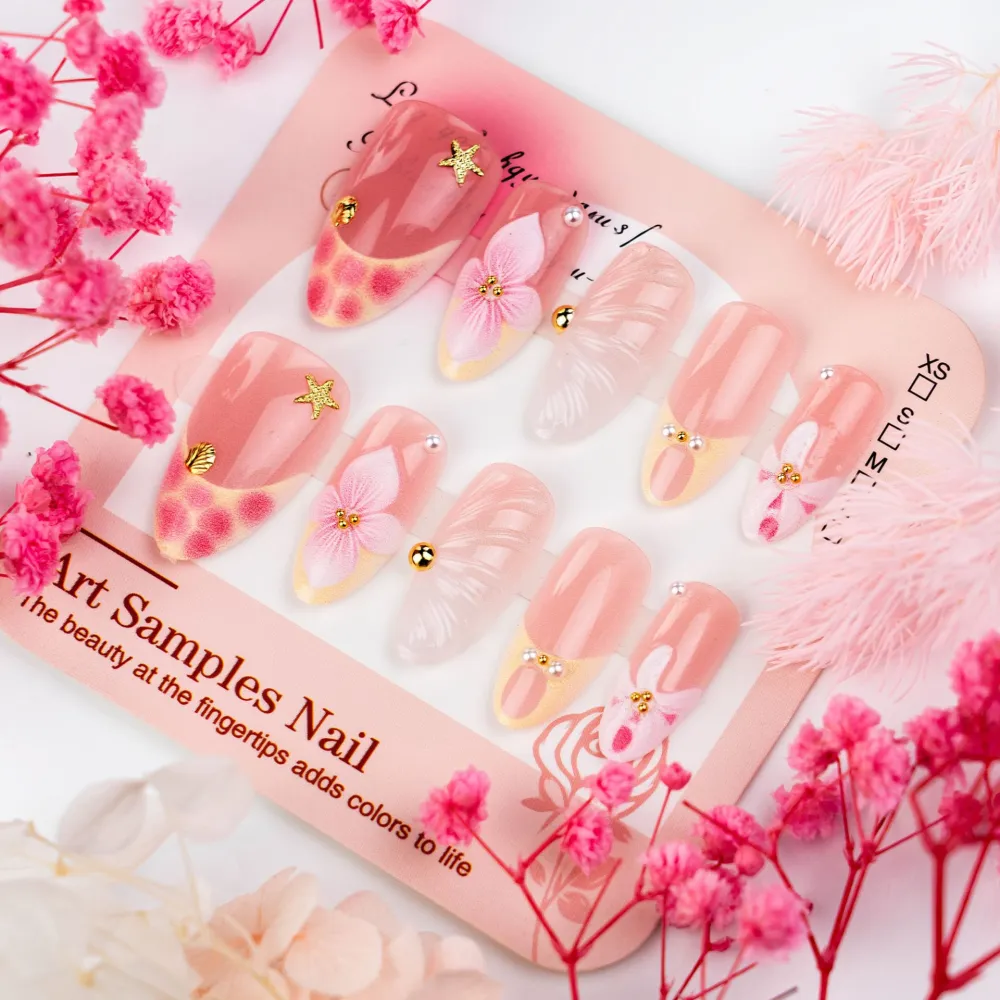 Nailhour 30Pcs Floral 3D Medium Pink Almond French Press On Nails