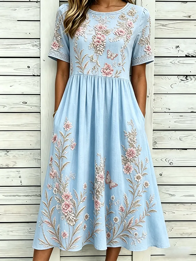 Women's Floral print Cotton Linen Short-Sleeved Dress