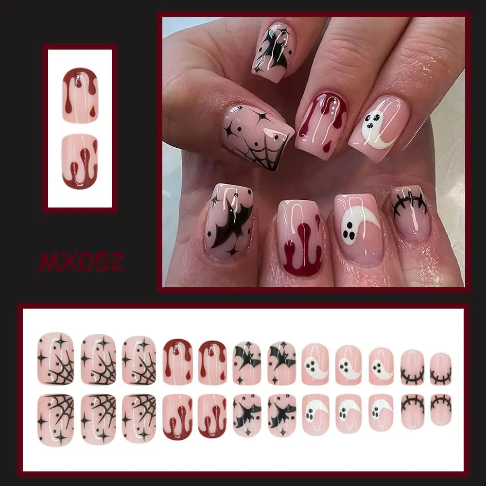 Nailhour 24Pcs Halloween Short Square Nude Blood Press On Nails