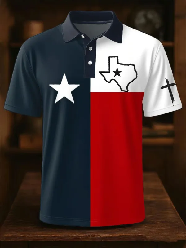 Men's Texas Strong Color Block Print Polo Shirt