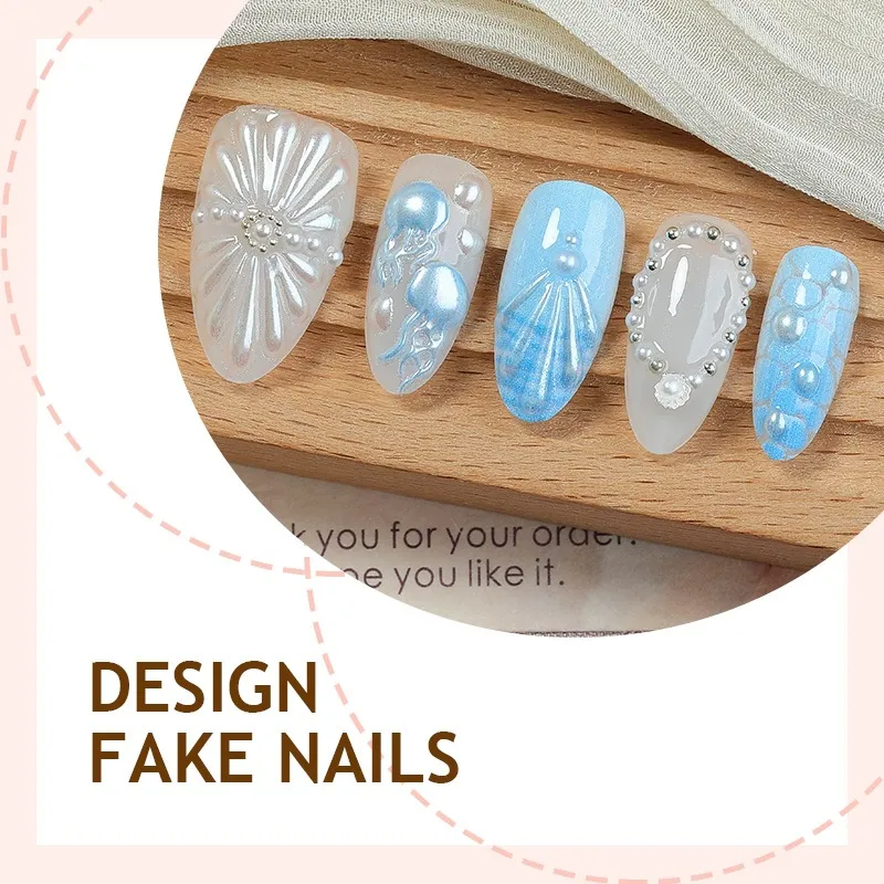 Nailhour 30Pcs Summer 3D Resin Blue Jellyfish Pearl Ocean Press On Nails