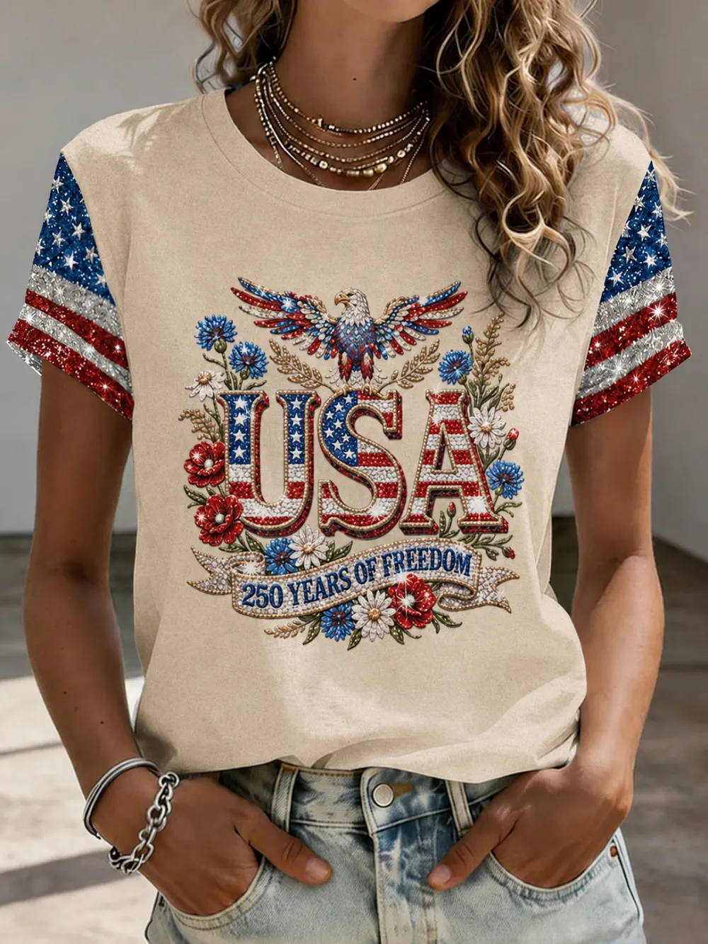 Women'S American Independence Day 250Th Anniversary Printed Short Sleeved T-Shirt