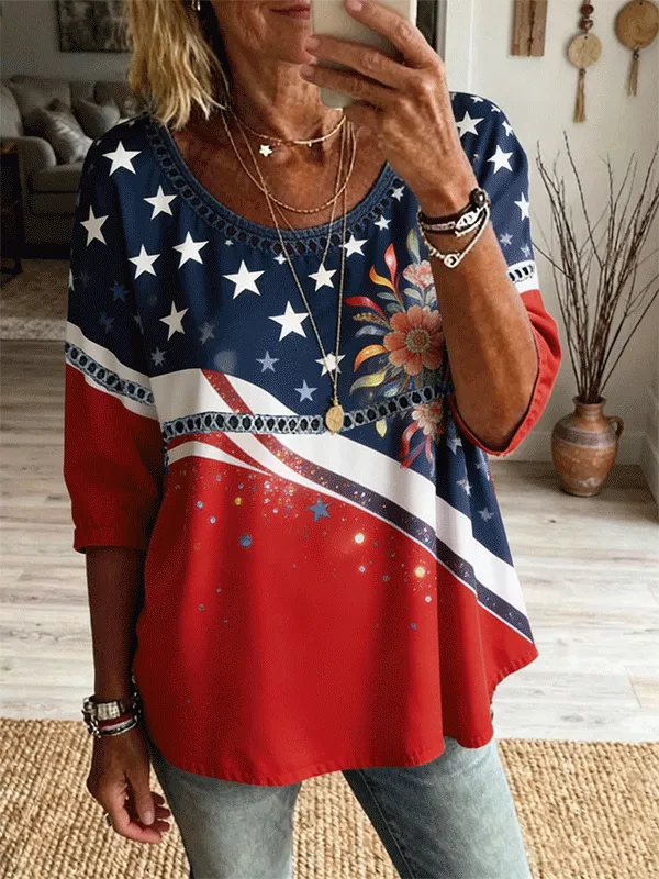 Women's American Flag Star Floral Lace Trim 3/4 Sleeve Blouse