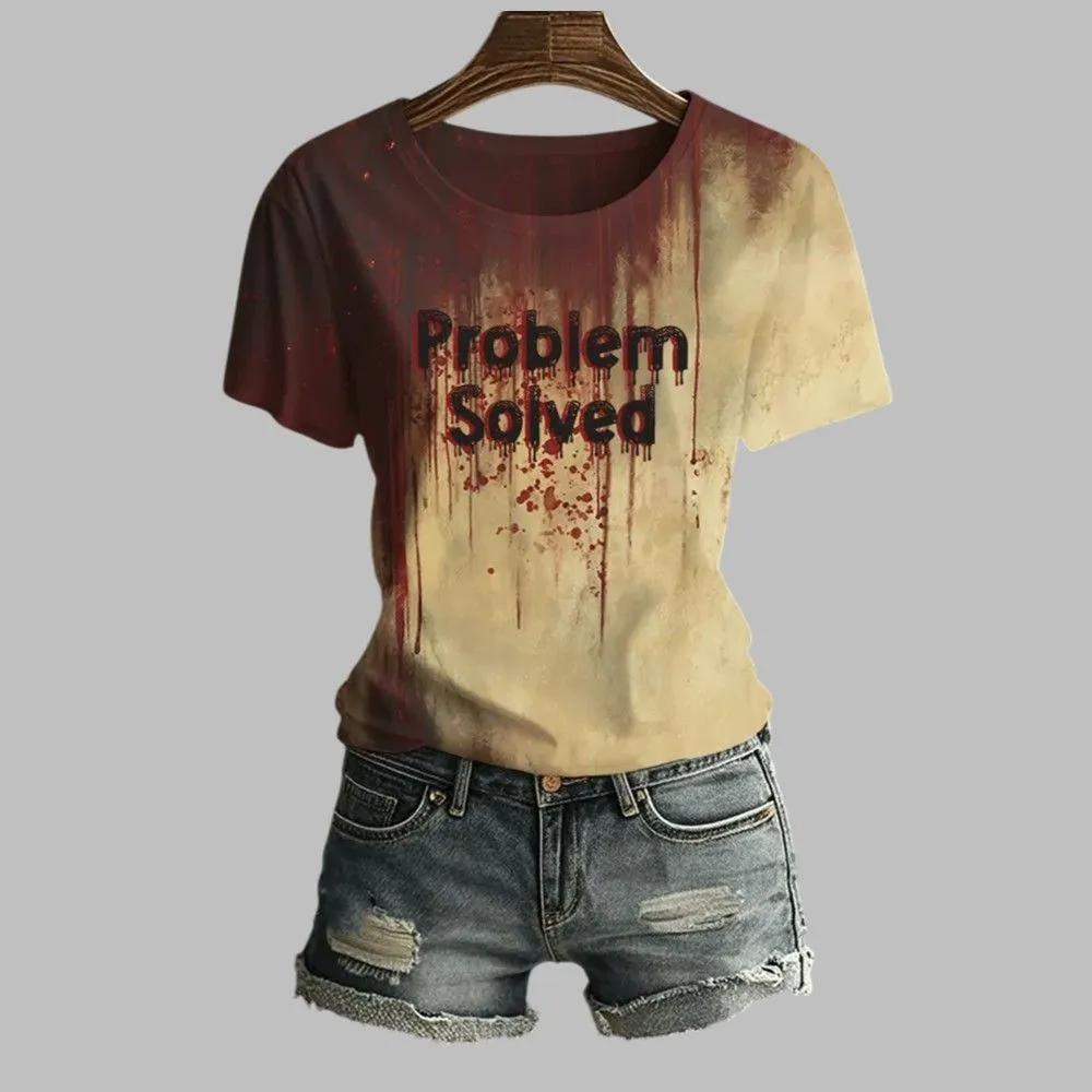 2025 Halloween Women’s Bloody Problem Solved Print Crew Neck T-Shirt