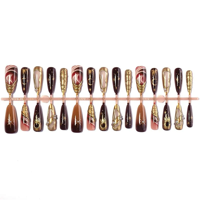 Nailhour 30Pcs Gilded 3D Medium Almond French Press On Nails