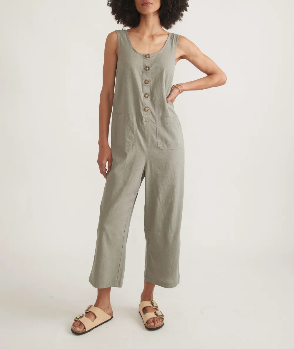 Button-Front Sleeveless Linen Jumpsuit
