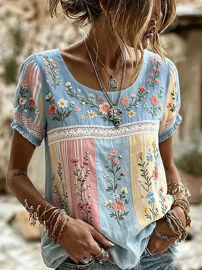 Women's Boho Floral Patchwork Embroidered Puff Sleeve Top